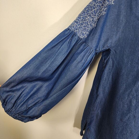Massimo Dutti Womens Top Size 4 Embroidered Blue Chambray Peasant Balloon Sleeve - Picture 7 of 12